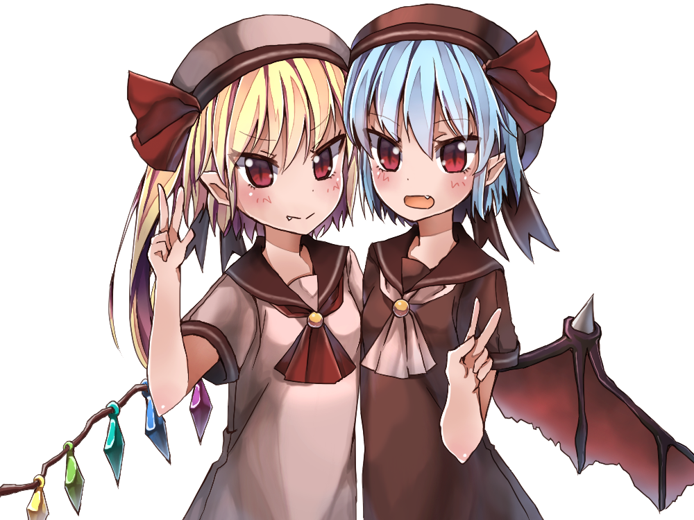 2girls alternate_costume ascot bat_wings blonde_hair blue_hair blush crystal fang flandre_scarlet hat hat_ribbon looking_at_viewer multiple_girls open_mouth pointy_ears re-ka red_eyes remilia_scarlet ribbon sailor_collar school_uniform short_hair short_sleeves siblings side_ponytail simple_background sisters slit_pupils smile touhou upper_body v white_background wings