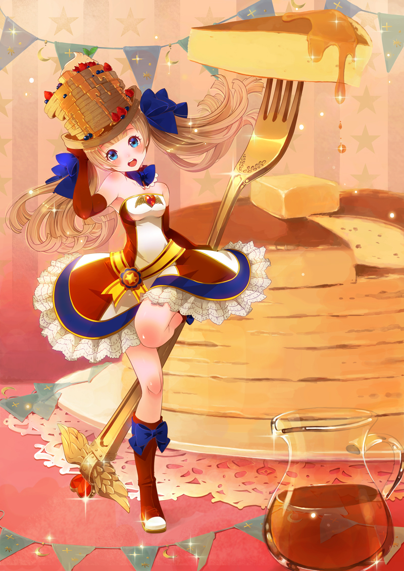 1girl :d blue_bow blue_eyes blueberry boots bow brown_boots brown_gloves brown_hair butter elbow_gloves food food_themed_clothes fork fruit full_body gloves hair_bow hat knee_boots long_hair looking_at_viewer minigirl morinaga_(brand) open_mouth original oversized_object pancake personification plate sakura_(superbunnys) skirt smile solo standing_on_one_leg strawberry syrup twintails