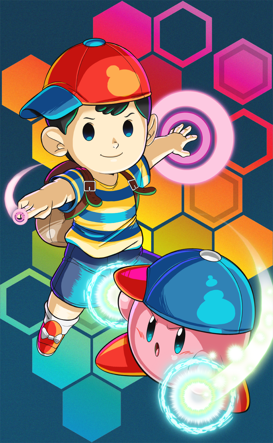 1boy baseball_cap black_hair blue_eyes child crossover esper hat hexagon highres kirby kirby:_planet_robobot kirby_(series) looking_at_viewer mother_(game) mother_2 ness smile solid_oval_eyes super_smash_bros. trait_connection