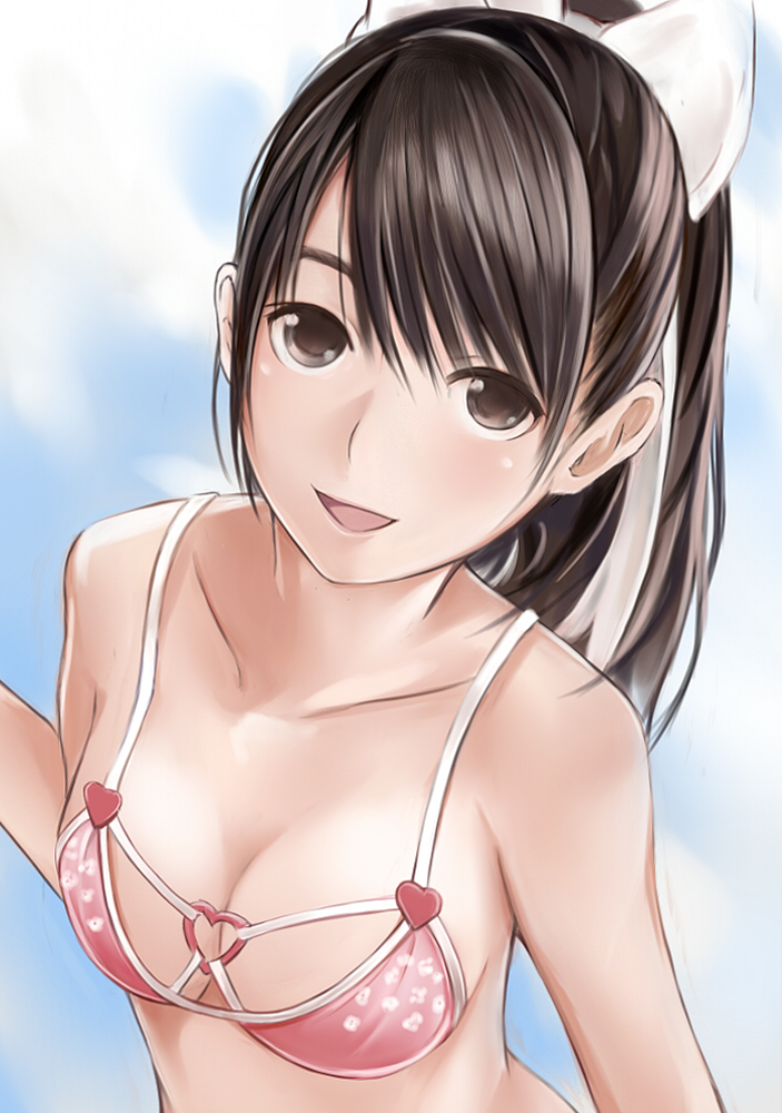 1girl :d anegasaki_nene animal_ears bare_shoulders bikini bikini_top blue_background blush body_blush breasts brown_eyes brown_hair cat_ears cleavage collarbone fake_animal_ears floral_print from_above hairband heart looking_at_viewer looking_up love_plus nannacy7 open_mouth pink_bikini ponytail short_hair simple_background smile solo swimsuit tareme upper_body