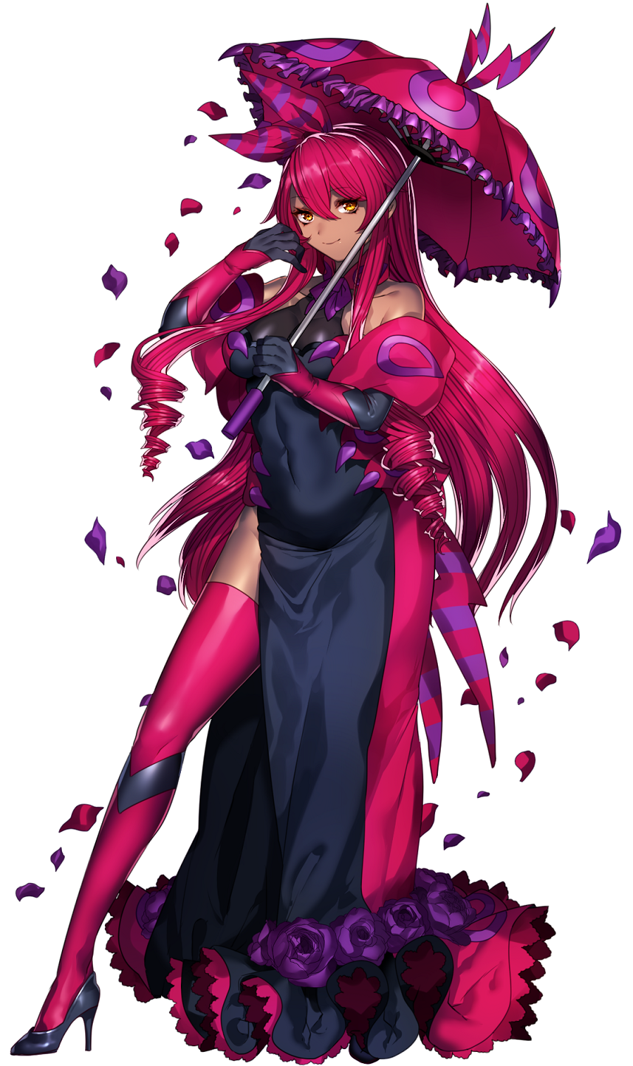 1girl bare_shoulders black_gloves covered_navel dark_skin dress drill_hair elbow_gloves female flower full_body gloves hair_ribbon high_heels highres katagiri_hachigou long_dress long_hair looking_at_viewer parasol personification petals pokemon pokemon_(game) red_legwear redhead ribbon rose scolipede simple_background smile solo striped thigh-highs umbrella white_background yellow_eyes