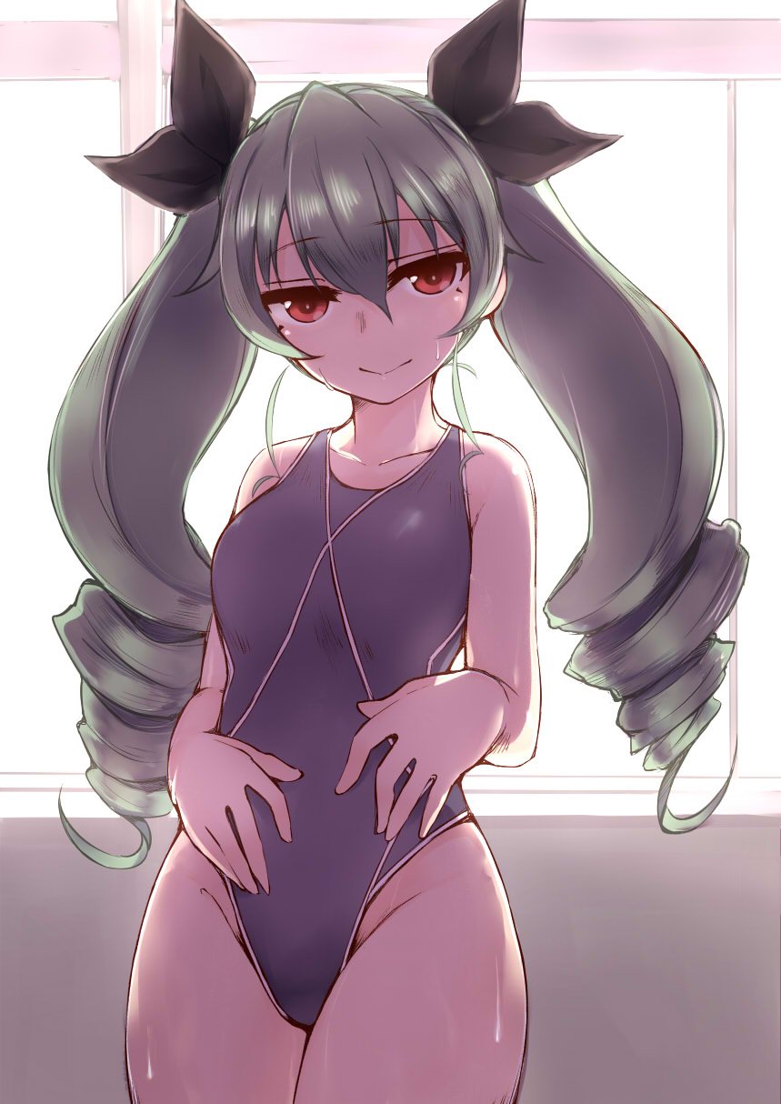 1girl :&gt; akitsuchi_shien anchovy backlighting bare_arms bare_shoulders black_ribbon blue_swimsuit closed_mouth collarbone competition_swimsuit cowboy_shot drill_hair eyebrows eyebrows_visible_through_hair girls_und_panzer groin hair_between_eyes hair_ribbon hands_on_hips head_tilt highres indoors legs_together long_hair looking_at_viewer one-piece_swimsuit red_eyes ribbon silver_hair skin_tight solo standing sweat sweatdrop swimsuit tsurime twin_drills twintails very_long_hair window
