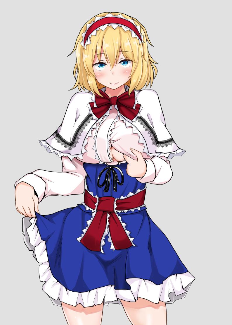 1girl alice_margatroid blonde_hair blue_dress blue_eyes blush bow bowtie breasts capelet clothes_pull commentary_request cowboy_shot dress hairband large_breasts lolita_hairband long_sleeves looking_at_viewer poshi_(ginmokusei) red_bow red_bowtie sash short_hair skirt skirt_lift smile solo touhou