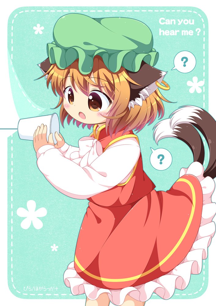 1girl ? animal_ears brown_eyes brown_hair cat_ears cat_tail chen english fang green_hat hat jewelry long_sleeves mob_cap multiple_tails nekomata open_mouth pila-pela short_hair single_earring solo spoken_question_mark string_phone tail touhou two_tails