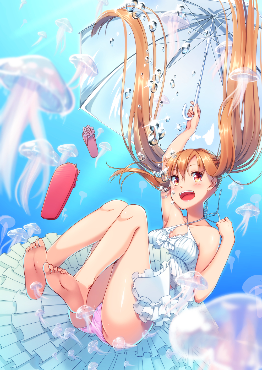 1girl air_bubble arm_up bare_legs bare_shoulders barefoot blush breath brown_eyes brown_hair bubble commentary_request dress feet freediving highres jellyfish long_hair looking_at_viewer nukoko_(akumagansyakudairi) open_mouth original panties pink_panties sleeveless sleeveless_dress smile soles solo swimming toes twintails umbrella underwater underwear water white_dress