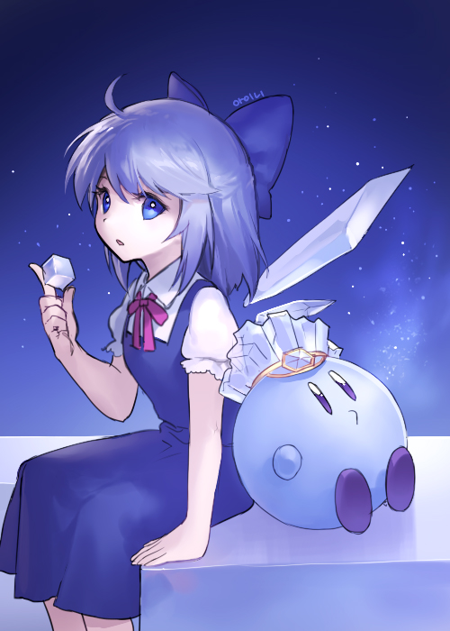 1girl 1other ainy77 artist_name blue_dress blue_eyes blue_hair cirno copy_ability crossover dress fairy gradient gradient_background hair_ribbon hal_laboratory_inc. hoshi_no_kirby ice ice_cube ice_wings kirby kirby_(series) looking_at_viewer nintendo open_mouth pink_puff_ball puffy_sleeves ribbon short_hair short_sleeves sitting super_smash_bros. team_shanghai_alice touhou wings