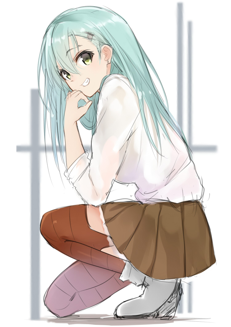1girl :d aqua_hair brown_legwear brown_skirt ear_studs earrings from_side full_body garter_straps green_eyes grey_shoes grin hair_ornament hairclip horizontal-striped_legwear isshiki_(ffmania7) jewelry kantai_collection kneeling long_hair long_sleeves looking_at_viewer looking_to_the_side open_mouth pleated_skirt shirt shoes sketch skirt sleeves_pushed_up smile solo suzuya_(kantai_collection) teeth thigh-highs very_long_hair white_shirt zettai_ryouiki