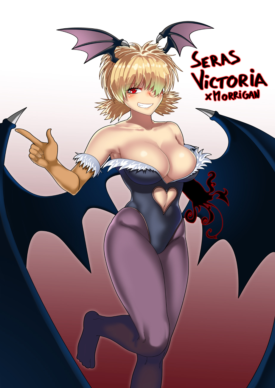 1girl amputee bangs bare_shoulders bat_wings black_leotard blonde_hair blush breasts character_name cleavage collarbone cosplay demon_girl eyebrows eyebrows_visible_through_hair fur_trim gloves gradient gradient_background grin head_wings heart_cutout hellsing highleg highleg_leotard highres large_breasts leotard long_hair morrigan_aensland morrigan_aensland_(cosplay) multiple_wings navel navel_cutout no_shoes one_eye_covered one_leg_raised pantyhose pointing purple_legwear red_background red_eyes seras_victoria smile solo standing_on_one_leg strapless succubus the_golden_smurf twintails vampire_(game) wings