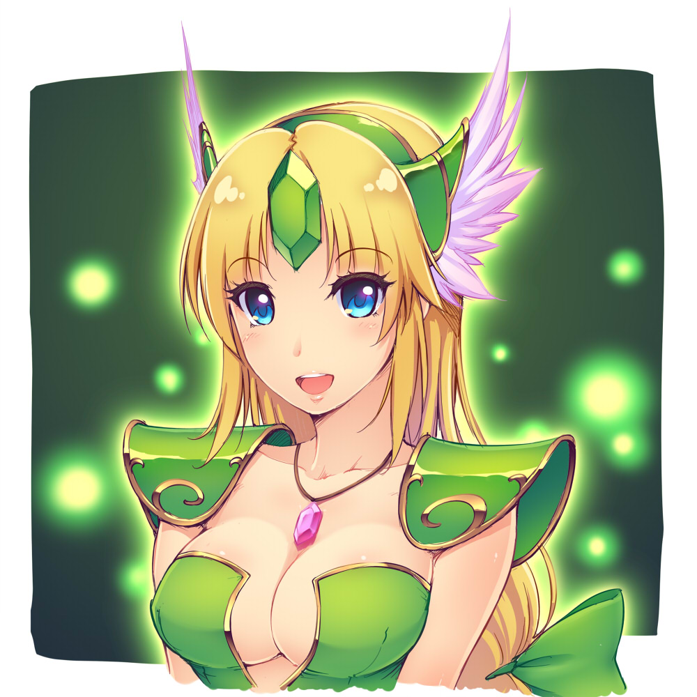 144_(riesztan) 1girl armor arms_at_sides bangs blue_eyes blush bow breasts cleavage collarbone dress emerald eyebrows eyebrows_visible_through_hair fireflies gem green_background green_bow green_dress hair_bow hairband head_wings jewelry long_hair necklace parted_bangs pendant portrait riesz round_teeth ruby_(stone) seiken_densetsu seiken_densetsu_3 shoulder_pads sidelocks simple_background solo spaulders tareme teeth white_border