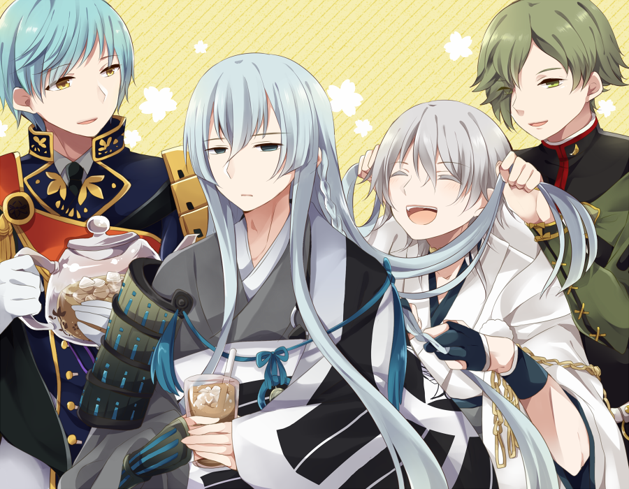 4boys ^_^ armor black_gloves blue_eyes blue_hair braid braiding_hair closed_eyes cup drinking_glass gloves green_eyes hair_over_one_eye hairdressing holding holding_hair ice ice_cube ichigo_hitofuri japanese_armor japanese_clothes kousetsu_samonji male_focus multiple_boys necktie open_mouth partly_fingerless_gloves smile sode touken_ranbu tsurumaru_kuninaga uguisu_mochi_(ykss35) uguisumaru white_gloves white_hair yellow_eyes