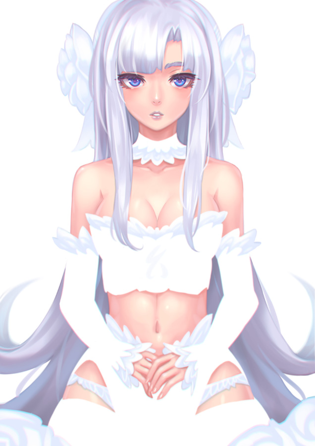 1girl :o asymmetrical_bangs bangs bare_shoulders blue_eyes blunt_bangs blush breasts bustier cleavage collar collarbone cowboy_shot detached_sleeves expressionless flower hair_flower hair_ornament hands_on_stomach hip_vent hips kaizeru lips long_hair long_sleeves looking_at_viewer midriff navel original own_hands_together panties parted_lips rose sidelocks silver_hair simple_background skirt sleeves_past_wrists solo standing stomach strapless teeth thighs tubetop underwear v_arms very_long_hair white white_background white_panties white_rose white_skirt
