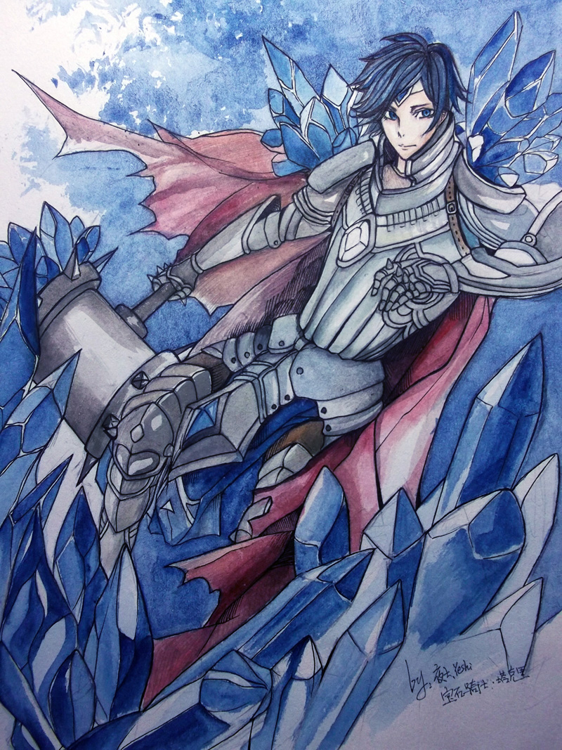 1boy alternate_costume armor blue_eyes cape crystal gauntlets headband league_of_legends red_cape shoulder_spikes signature solo spikes taric traditional_media warhammer weapon yeshi