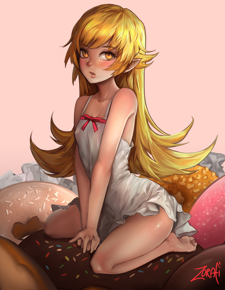 1girl :o artist_name bakemonogatari bare_legs bare_shoulders barefoot blonde_hair blush brown_eyes collarbone covered_nipples doughnut dress food full_body icing lips long_hair looking_at_viewer monogatari_(series) open_mouth oshino_shinobu oversized_object own_hands_together parted_lips pointy_ears sitting sleeveless sleeveless_dress soles solo sprinkles sundress sweets toes v_arms vampire very_long_hair wariza white_dress zorafi