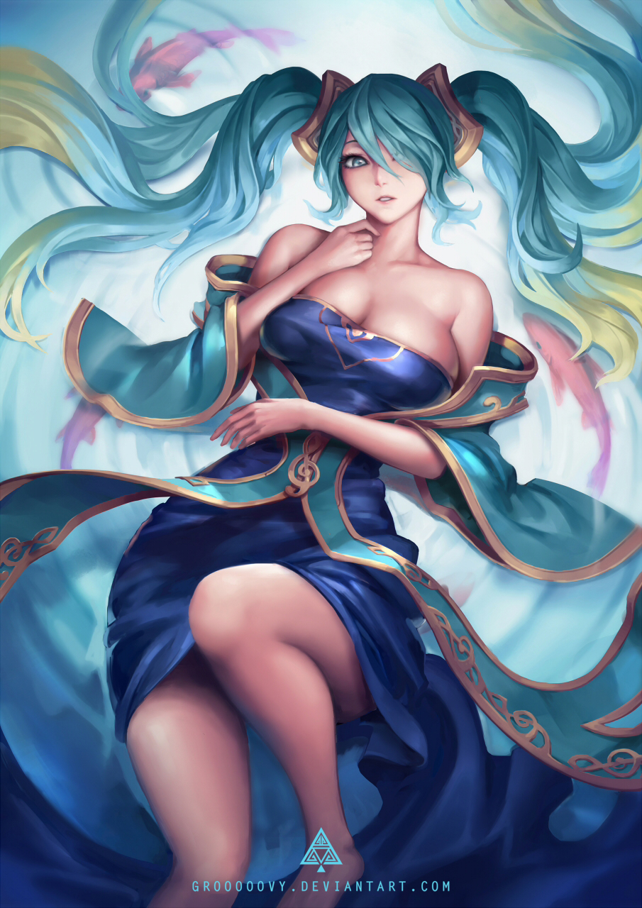 1girl aqua_eyes aqua_hair bare_shoulders breasts cleavage curvy hair_over_one_eye highres large_breasts league_of_legends looking_at_viewer oopartz_yang parted_lips solo sona_buvelle thighs wide_hips