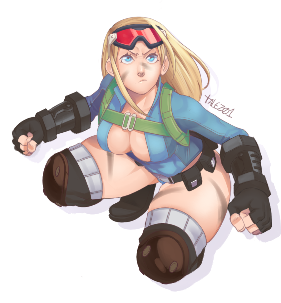 1girl alternate_costume alternate_hairstyle backpack bag belt_pouch blonde_hair blue_eyes boots breasts cammy_white cleavage clenched_hands facepaint fingerless_gloves gloves goggles goggles_on_head knee_pads leotard long_hair long_sleeves no_bra solo squatting street_fighter street_fighter_v talez01 thick_thighs thighs unzipped