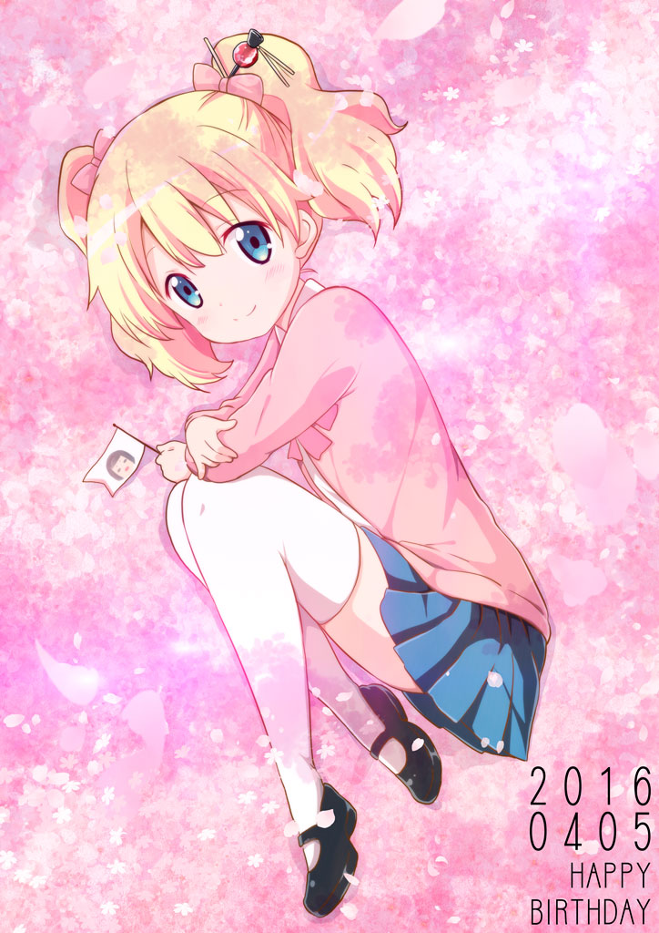 1girl 2016 alice_cartelet black_shoes blonde_hair blue_eyes blue_skirt bow bowtie cherry_blossoms closed_mouth dated eyebrows eyebrows_visible_through_hair flag from_side full_body hair_bow hair_ornament hair_stick hand_on_own_arm happy_birthday holding holding_arm jacket kin-iro_mosaic knees_up long_sleeves mary_janes miniskirt open_clothes open_jacket petals pink_background pink_bow pink_bowtie pink_jacket pink_shirt pleated_skirt ragho_no_erika shirt shoes simple_background skirt smile solo tareme thigh-highs white_legwear white_shirt zettai_ryouiki