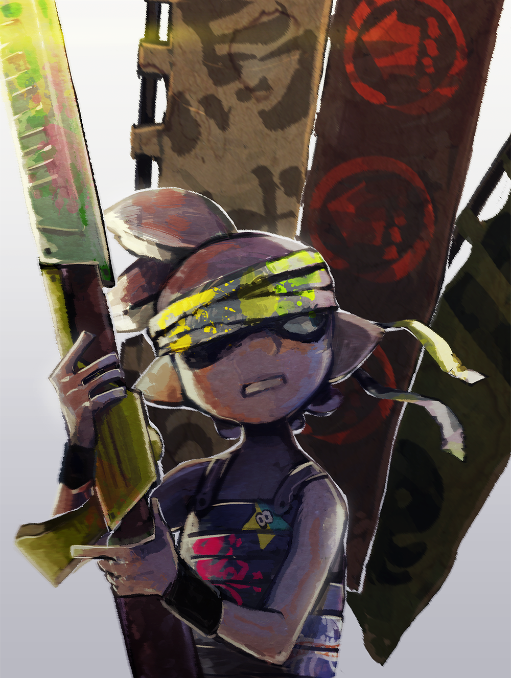 1boy armor banner breastplate clenched_teeth gradient gradient_background grey_background headband highres inkling katou_(osoraku) looking_afar male_focus one_eye_covered pointy_ears sashimono short_hair simple_background solo splat_charger_(splatoon) splatoon splatter teeth topknot upper_body wristband