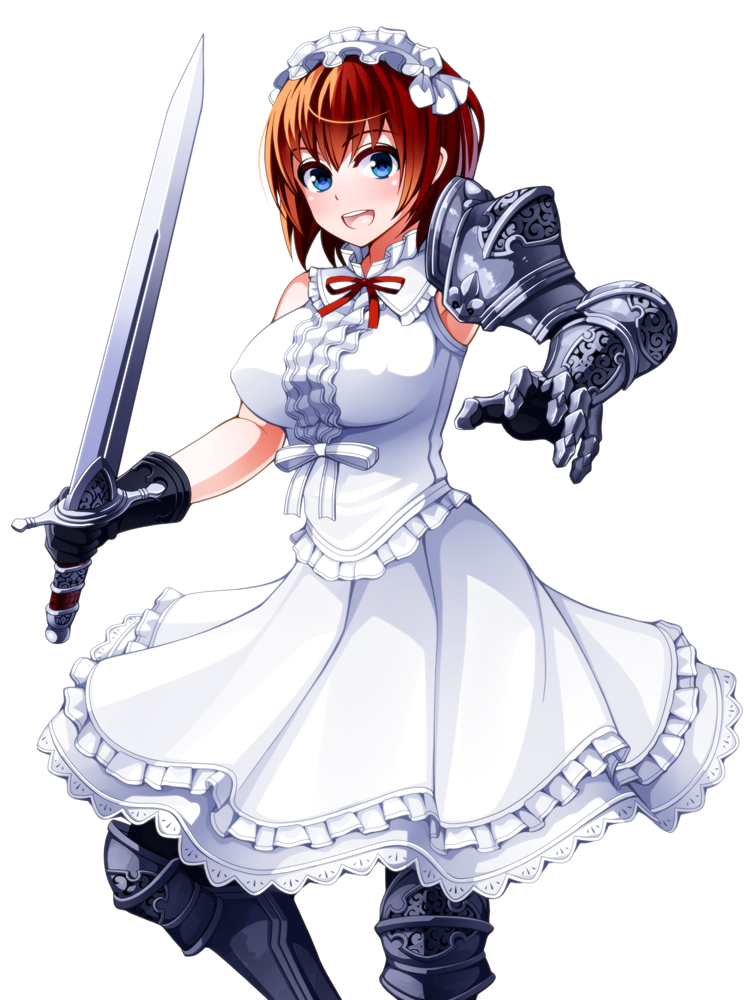 1girl armor asymmetrical_clothes blue_eyes breasts brown_hair gloves large_breasts looking_at_viewer maid_headdress open_mouth original short_hair skirt sleeveless smile sword torigoe_takumi weapon