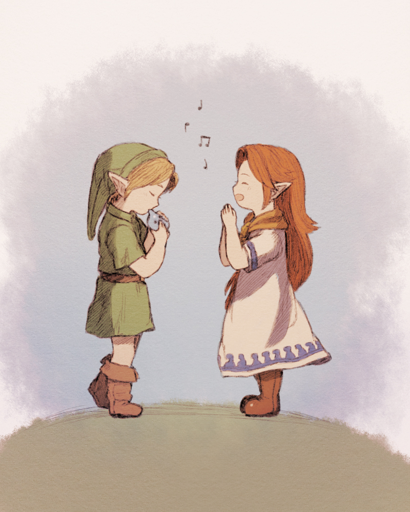 1boy 1girl belt blonde_hair boots brown_hair dress female hat instrument link long_hair maekakekamen male malon musical_note ocarina pointy_ears redhead short_hair the_legend_of_zelda the_legend_of_zelda:_ocarina_of_time tunic