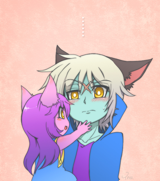 ... 1boy 1girl animal_ears blue_skin blush blush_stickers father_and_daughter if_they_mated league_of_legends open_mouth purple_hair purple_skin scar silver_hair sweatdrop touching_another's_chin veigar yan531 yellow_eyes
