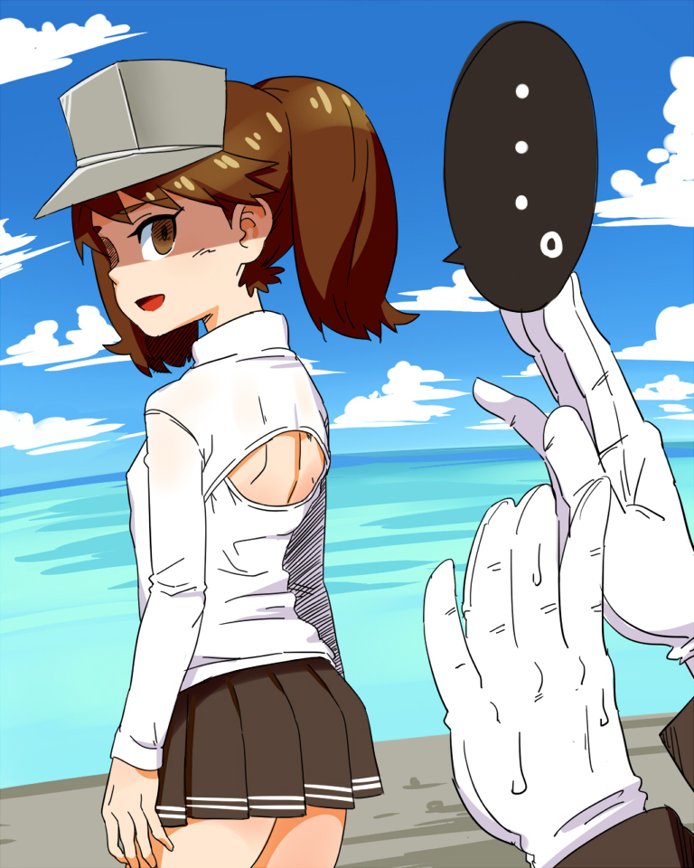 ... 1girl admiral_(kantai_collection) brown_eyes brown_hair empty_eyes gloves kantai_collection long_hair open-chest_sweater ryuujou_(kantai_collection) shaded_face skirt solo_focus spoken_ellipsis subaru_(797529) sweat sweater turtleneck twintails visor_cap you're_doing_it_wrong