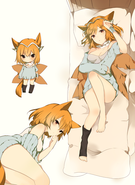 1girl :o animal_ears arm_guards asymmetrical_clothes bare_legs bare_shoulders barefoot bed bed_sheet black_boots black_legwear blush boots breasts brown_jacket chibi circlet cleavage collarbone copyright_request diadem fox_ears full_body hand_on_forehead hand_up jacket knee_boots knee_up long_hair long_sleeves looking_at_viewer lp_(hamasa00) lying multiple_views no_pants off-shoulder_sweater on_back on_bed open_clothes open_jacket orange_hair parted_lips pillow red_eyes scarf short_sleeves single_sock sleeves_past_wrists socks standing strapless sweater thighs toeless_socks toes tubetop very_long_hair white_scarf