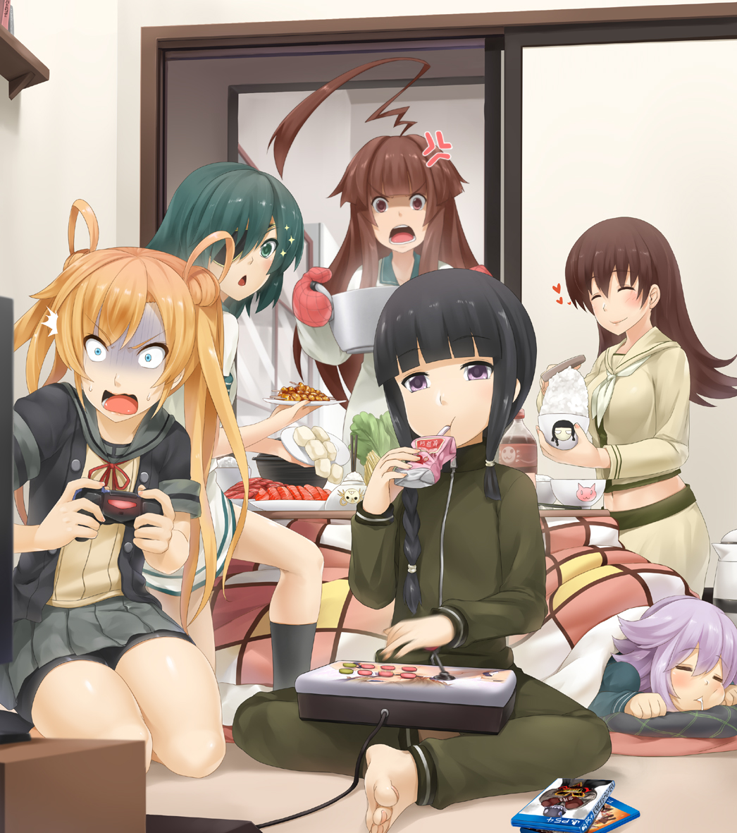 &gt;:o /\/\/\ 6+girls :3 :o :t abukuma_(kantai_collection) ahoge alternate_costume anger_vein arcade_stick bangs barefoot bike_shorts black_hair black_legwear blonde_hair blue_eyes blunt_bangs braid breasts brown_eyes brown_hair chopsticks closed_eyes commentary controller cushion darkmaya double_bun drinking drooling dualshock eyepatch food game_console game_controller gamepad green_eyes green_hair hair_between_eyes hair_rings heart huge_ahoge indian_style indoors joystick juice_box kantai_collection kiso_(kantai_collection) kitakami_(kantai_collection) kneehighs kotatsu kuma_(kantai_collection) large_breasts long_hair long_sleeves lying multiple_girls navel neckerchief no_hat on_stomach ooi_(kantai_collection) open_mouth oven_mitts playing_games playstation_4 pleated_skirt pot purple_hair remodel_(kantai_collection) rice rice_bowl sailor_collar school_uniform seiza serafuku short_hair short_sleeves shorts_under_skirt sitting skirt sleeping smile sparkle street_fighter street_fighter_v surprised table tama_(kantai_collection) teeth thighs track_suit triangle_mouth twintails under_kotatsu under_table violet_eyes wavy_mouth wide-eyed