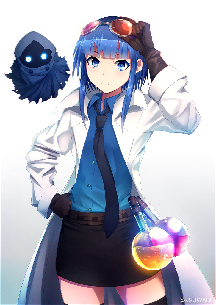 1girl :3 air_bubble arm_up bangs belt belt_pouch black_gloves black_legwear black_skirt blue_eyes blue_hair blue_shirt blunt_bangs brown_gloves buttons chemistry clenched_hand cloak closed_mouth collared_shirt colored_eyelashes contrapposto creature dress_shirt eyebrows eyebrows_visible_through_hair flask floating frankenstein's_castle ghost glass gloves goggles goggles_on_head hand_on_hip hood hooded_cloak kei-suwabe labcoat legs_apart liquid long_sleeves looking_at_viewer necktie open_collar open_labcoat oshiro_project oshiro_project_re pencil_skirt removing_glasses shirt short_hair_with_long_locks sidelocks simple_background skirt smile solo thigh-highs twitter_username white_background zettai_ryouiki