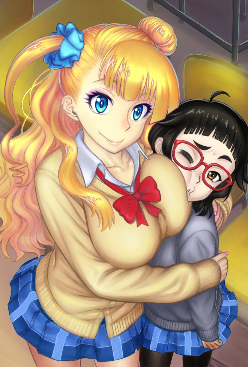 2girls black_hair blonde_hair blue_eyes breast_press breasts brown_eyes cardigan cheek_squash galko glasses hair_ornament hair_scrunchie highres hug kyodairobo large_breasts long_hair multiple_girls one_eye_closed one_side_up oshiete!_galko-chan otako_(galko) pantyhose red-framed_glasses school_uniform scrunchie smile sweater