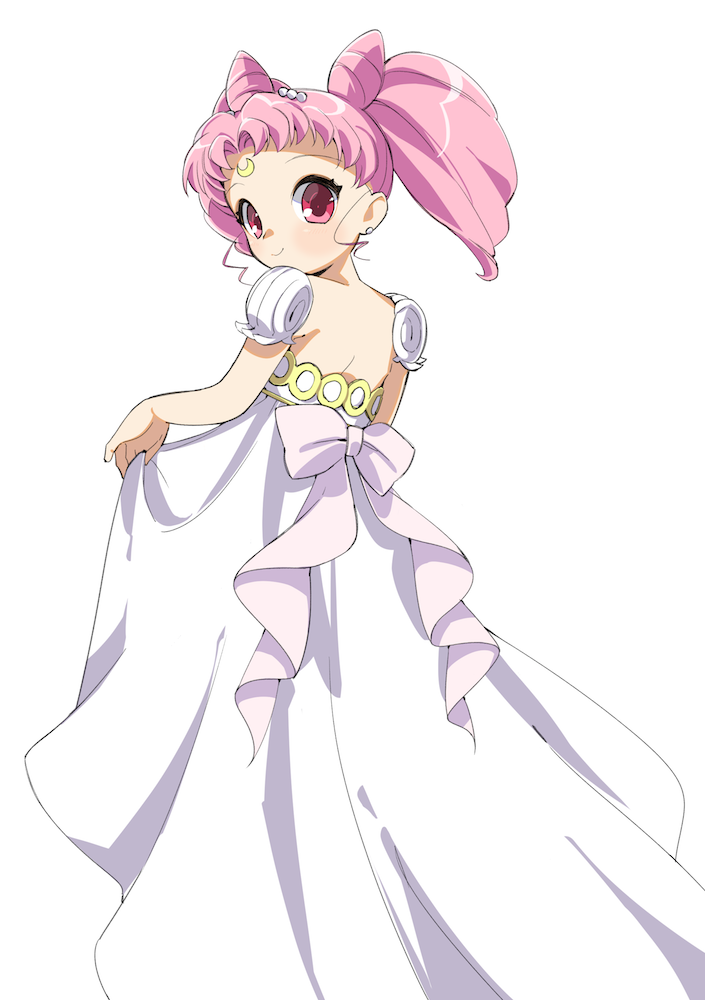 1girl bare_back bishoujo_senshi_sailor_moon chibi_usa clothes_grab crescent double_bun dress facial_mark forehead_mark looking_back open-back_dress pink_eyes pink_hair small_lady_serenity solo twintails white_dress yupachi