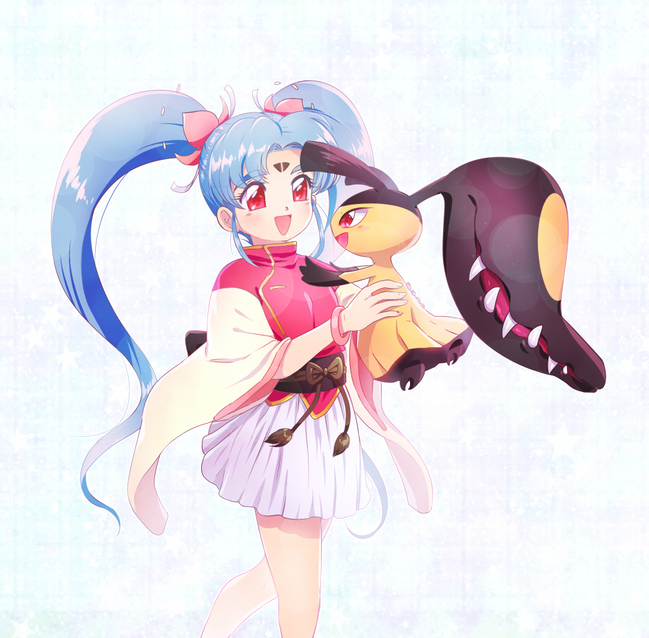 1girl :d animal blue_hair bracelet drawfag eye_contact facial_mark forehead_mark holding_animal jewelry looking_at_another masaki_sasami_jurai mawile open_mouth pokemon pokemon_(creature) red_eyes skirt smile standing tenchi_muyou! twintails white_skirt