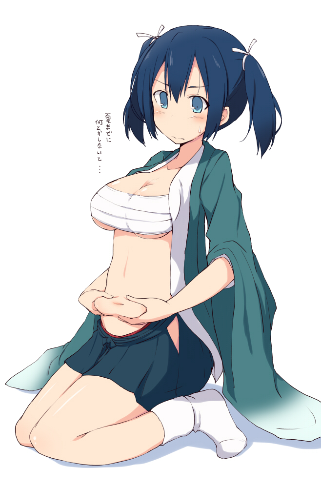 1girl bandages belly_grab blue_bow blue_eyes blue_hair blue_skirt bow breasts cleavage frown full_body hair_between_eyes hair_ribbon hip_vent japanese_clothes kantai_collection kimono kugui_kiyunemu long_sleeves midriff navel open_clothes open_kimono ribbon sarashi short_hair short_twintails simple_background sitting skirt socks solo souryuu_(kantai_collection) stomach sweat sweatdrop tareme text translation_request twintails wariza wavy_mouth white_background white_legwear white_ribbon wide_sleeves