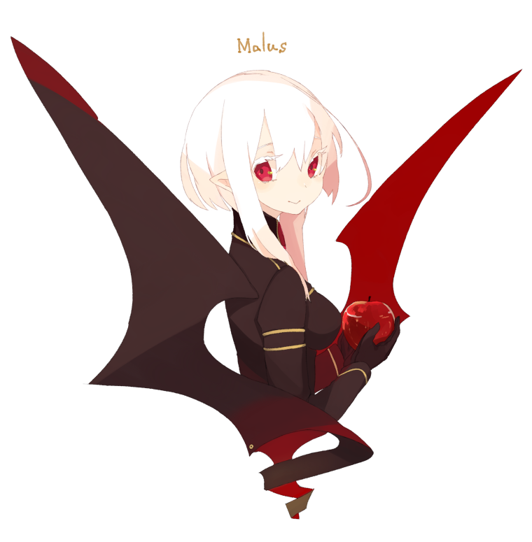 1girl ahoge albino apple baal_(shiomachi) breasts circle_name food fruit gloves holding looking_back original pointy_ears profile red_eyes shiomachi sidelocks simple_background smile solo transparent_background upper_body white_eyelashes white_hair wings