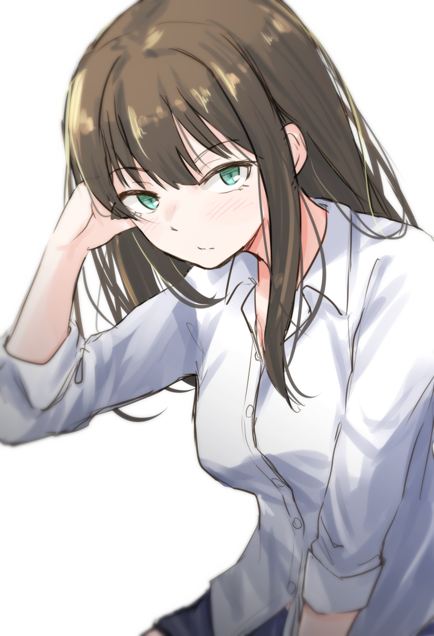 1girl brown_hair closed_mouth dress_shirt eyebrows_visible_through_hair green_eyes hand_in_hair highres idolmaster idolmaster_cinderella_girls long_hair looking_at_viewer shibuya_rin shirt simple_background sleeves_rolled_up solo unu_(unucence) white_background white_shirt