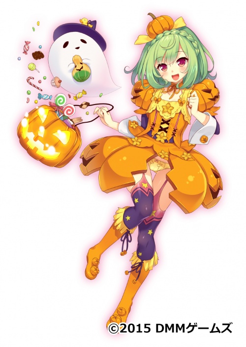 1girl :d artist_request basket black_hat boots braid candy candy_cane crown_braid flower_knight_girl food_themed_clothes food_themed_hair_ornament full_body ghost green_hair hair_ornament hat jack-o'-lantern knee_boots lollipop looking_at_viewer open_mouth orange_boots orange_skirt panties pepo_(flower_knight_girl) pumpkin purple_legwear red_eyes short_hair skirt smile solo thigh-highs thigh_gap underwear white_background witch_hat yellow_panties