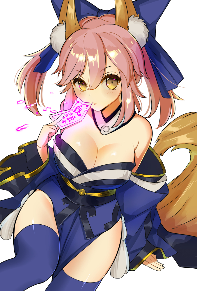 big_breasts blue_eyes blush caster_(fate/extra) dress fate/extra fox_ears long_hair pink_hair twintails