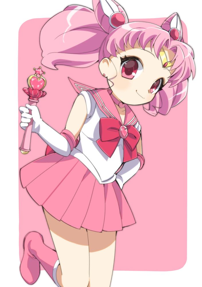 1girl bishoujo_senshi_sailor_moon bow chibi_usa choker circlet double_bun ear_studs earrings elbow_gloves gloves hair_ornament jewelry leg_lift looking_at_viewer pink_background pink_bow pink_eyes pink_hair pink_moon_stick pink_skirt pleated_skirt sailor_chibi_moon sailor_collar short_hair simple_background skirt smile solo twintails wand white_gloves yupachi