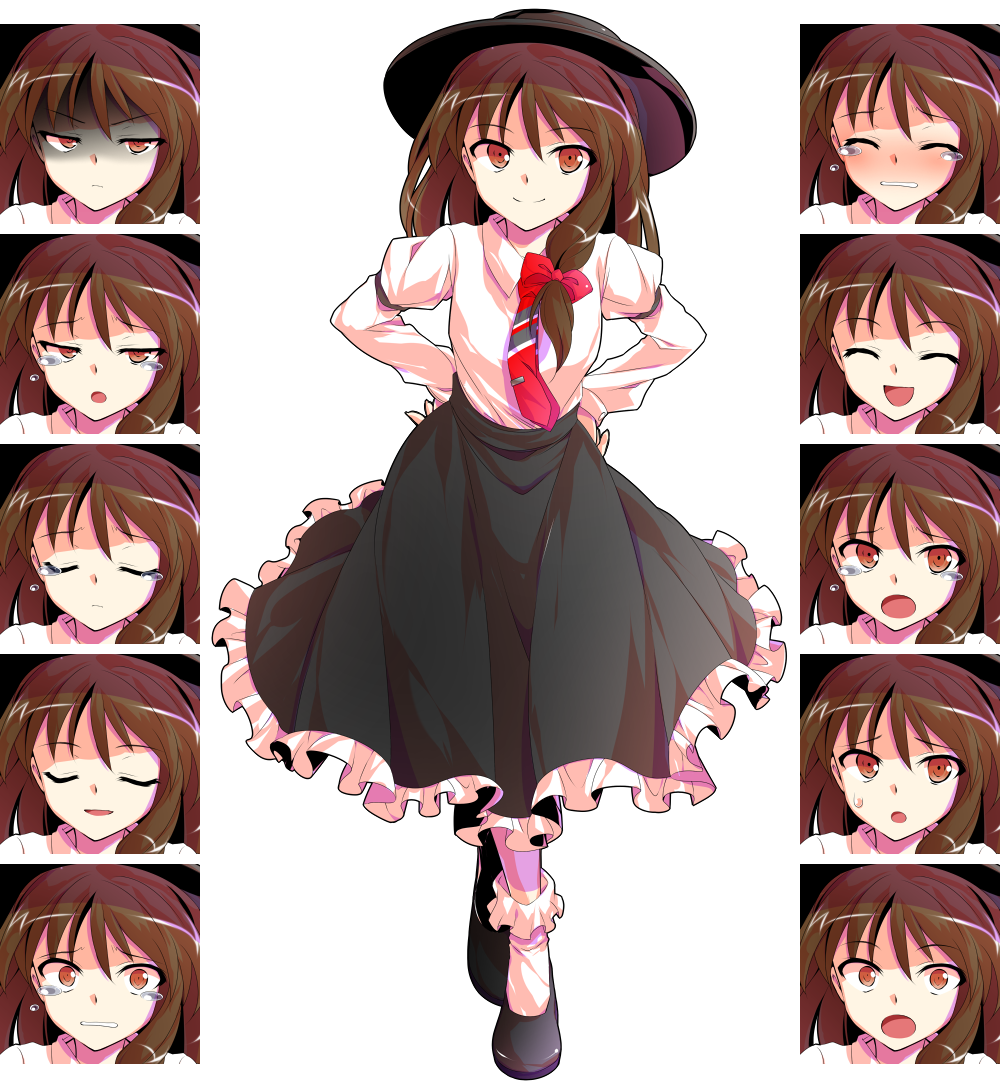 1girl :d :o ^_^ ^o^ alphes_(style) armlet asymmetrical_hair black_shoes black_skirt blush bobby_socks bow brown_hair clenched_teeth closed_eyes collared_shirt crying crying_with_eyes_open dairi dress_shirt expression_chart expressionless expressions eyebrows eyebrows_visible_through_hair fedora flats frilled_skirt frills full-face_blush full_body gloom_(expression) hair_bow half-closed_eyes hands_on_hips happy hat long_hair long_skirt long_sleeves looking_at_viewer necktie open_mouth parody parted_lips puffy_long_sleeves puffy_sleeves red_bow red_necktie relief sad scared shaded_face shirt shoes simple_background skirt smile socks standing style_parody surprised sweatdrop tachi-e tareme teardrop tears teeth touhou transparent_background usami_renko white_legwear white_shirt wide-eyed