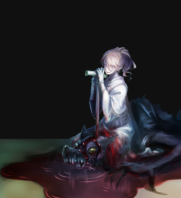 1girl barefoot black_background blonde_hair blood blood_on_face bloodborne bloody_clothes cane fangs gloves grin iosefka monster murai_shinobu ponytail smile teeth threaded_cane tongue werewolf