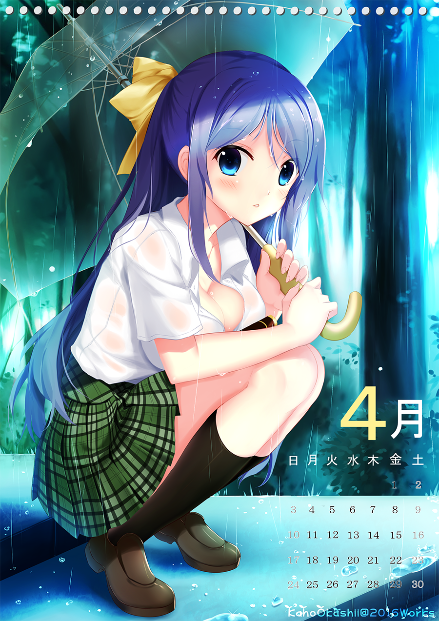 1girl blue_eyes blue_hair breasts cleavage forest hair_ribbon highres kaho_okashii large_breasts long_hair looking_at_viewer nature original rain ribbon see-through shirt skirt solo squatting stairs umbrella unbuttoned very_long_hair wet wet_clothes wet_shirt