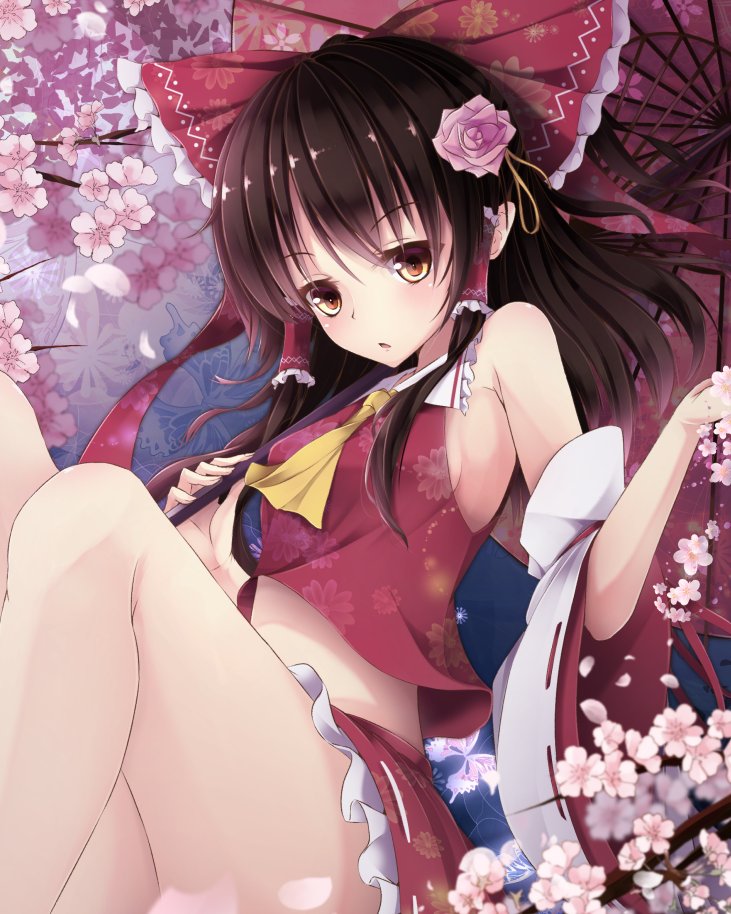 1girl :o ascot bare_shoulders bow breasts brown_eyes brown_hair cherry_blossoms commentary_request crop_top crop_top_overhang detached_sleeves flower hair_bow hair_flower hair_ornament hair_tubes hakurei_reimu japanese_clothes knees_up long_hair looking_at_viewer midriff miko oriental_umbrella sideboob sidelocks skirt skirt_set solo touhou umbrella wide_sleeves yutaka_saki_shu