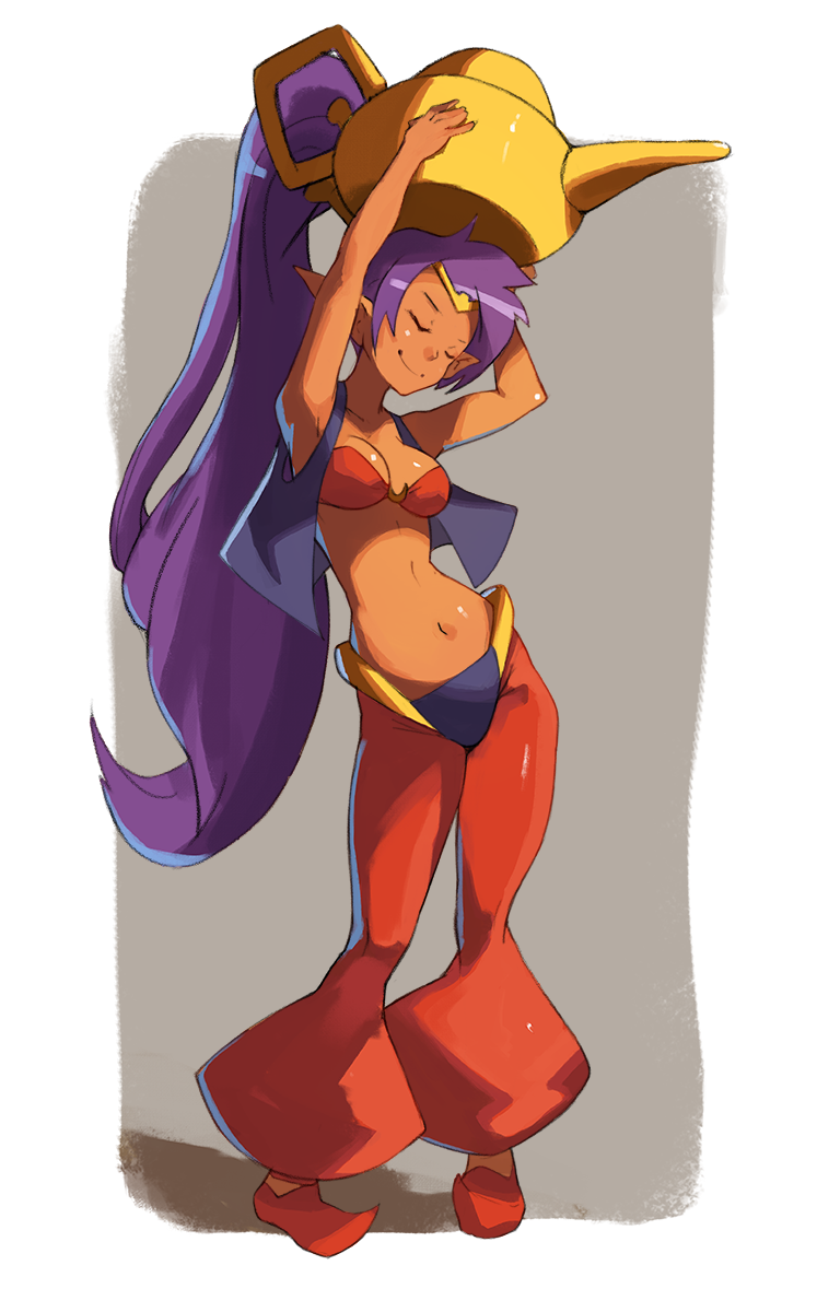1girl armpits arms_up bandeau breasts cleavage closed_eyes dancing dark_skin harem_outfit harem_pants highres holding long_hair navel oil_lamp oversized_object pants pointy_ears ponytail purple_hair shantae shantae_(character) shantae_and_the_pirate's_curse shoes smile solo tiara very_long_hair vest vins-mousseux