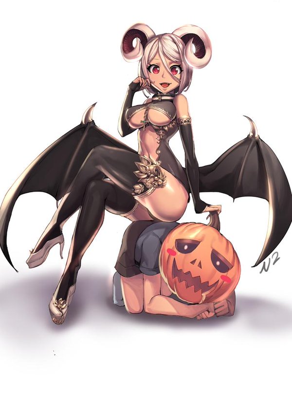 1boy 1girl black_legwear breasts demon_girl demon_wings horns jack-o'-lantern large_breasts newey original red_eyes short_hair silver_hair thigh-highs under_boob wings