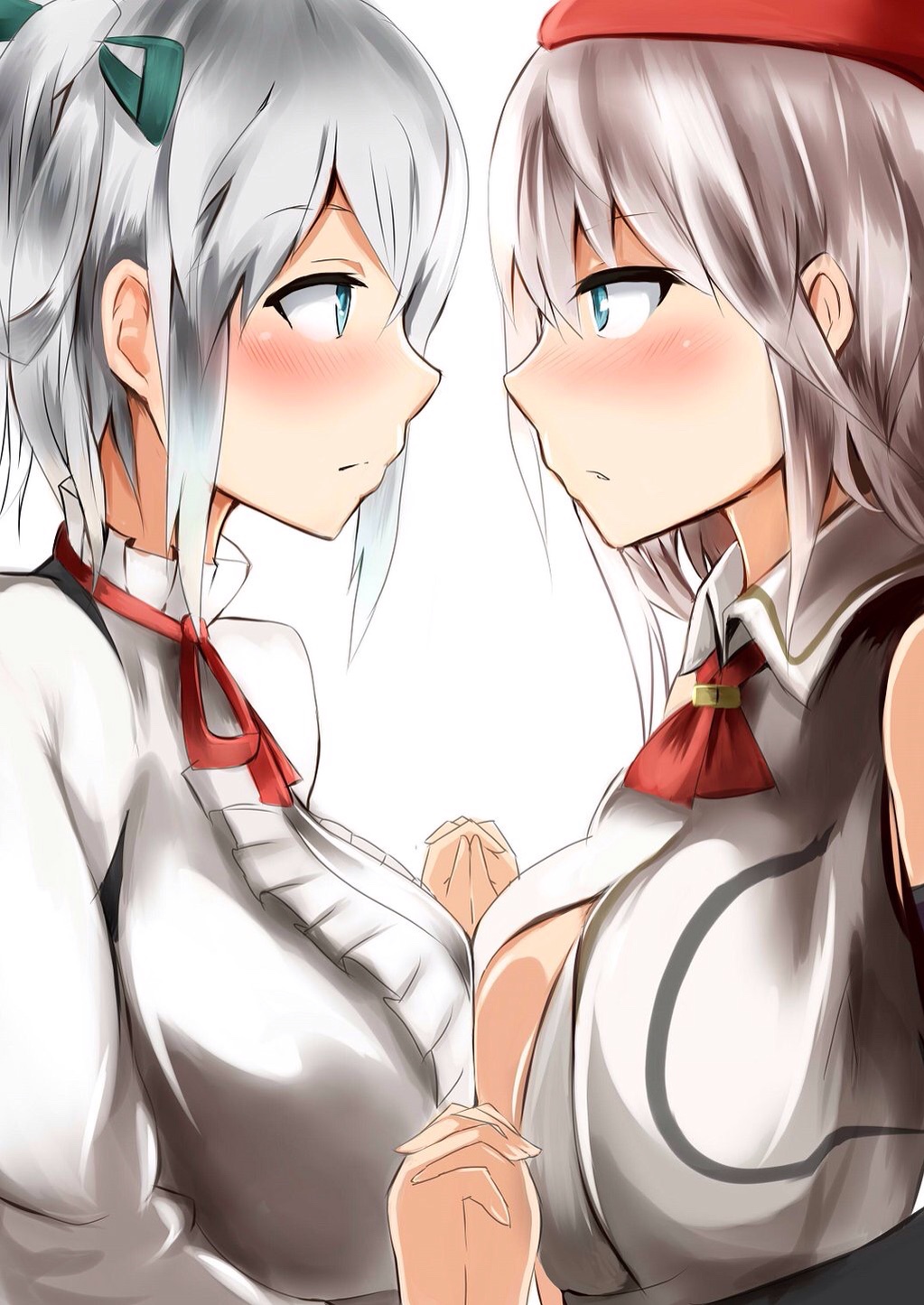 2girls alisa_ilinichina_amiella bare_shoulders blue_eyes blush breast_press cabbie_hat ciel_alencon eye_contact fingerless_gloves gloves god_eater hat highres holding_hands long_hair looking_at_another multiple_girls no_bra short_hair silver_hair simple_background symmetrical_docking white_background yuri