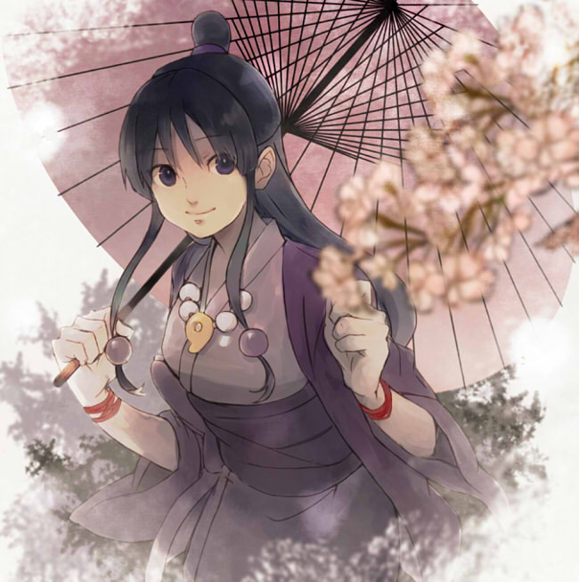 1girl ayasato_mayoi bangs black_hair bracelet clenched_hands flower grbrt gyakuten_saiban hair_ornament jewelry long_hair looking_at_viewer magatama over_shoulder parasol purple_clothes smile solo umbrella updo