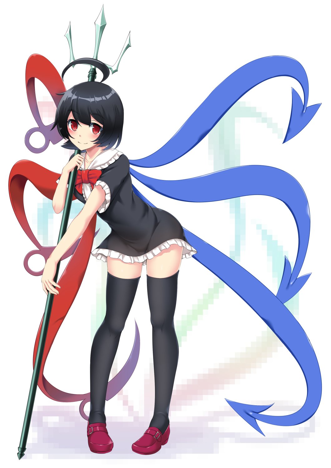 1girl ahoge asymmetrical_wings black_dress black_hair black_legwear bow bowtie buckle closed_mouth collar contrapposto dress eyebrows eyebrows_visible_through_hair eyelashes frilled_collar frilled_dress frilled_sleeves frills gradient gradient_wings highres hitotsuki_nebura holding holding_weapon houjuu_nue huge_ahoge large_wings leaning_forward legs_apart loafers multicolored_wings pigeon-toed pixels polearm red_bow red_bowtie red_eyes red_shoes shoes short_sleeves simple_background solo spikes tareme thigh-highs touhou trident weapon white_background wings zettai_ryouiki