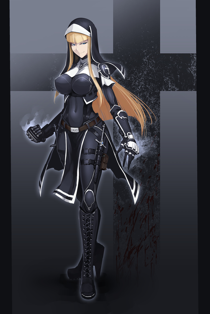 bangs blonde_hair blue_eyes bodysuit boots breasts habit hetza_(hellshock) hime_cut holster impossible_clothes knife large_breasts long_hair nun original thigh_holster