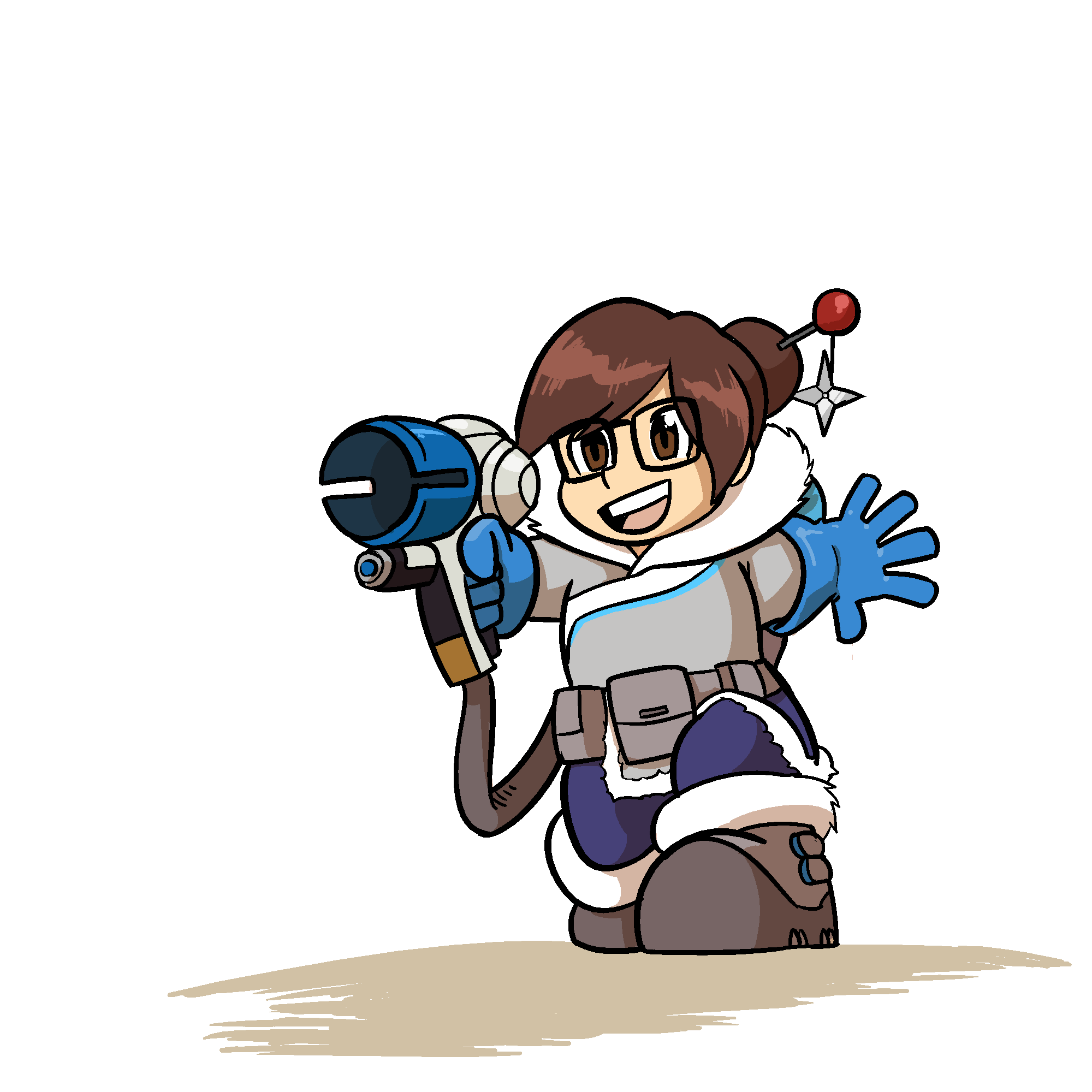 1girl brown_eyes brown_hair chibi commentary glasses gloves gun hair_bun hair_ornament hairpin highres josue_pereira mei_(overwatch) overwatch short_hair solo weapon