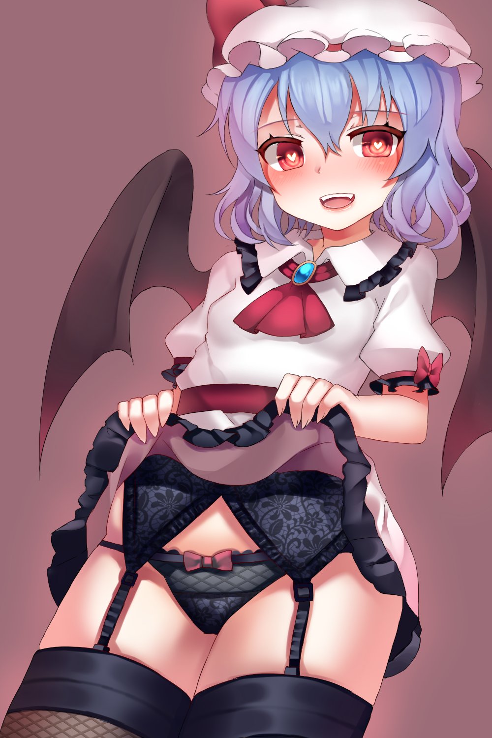 1girl bat_wings black_legwear black_panties blue_hair blush bow bow_panties fangs fishnets garter_belt garter_straps hat heart heart-shaped_pupils highres lace lifted_by_self looking_at_viewer mob_cap open_mouth panties papo puffy_short_sleeves puffy_sleeves red_eyes remilia_scarlet short_sleeves simple_background skirt skirt_lift solo symbol-shaped_pupils teeth thigh-highs touhou underwear wings