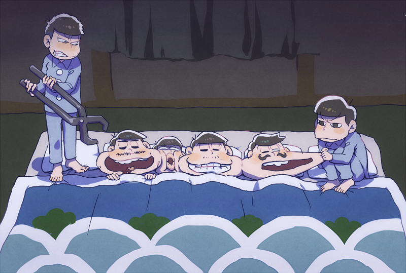 6+boys aoki_(fumomo) barefoot black_eyes black_hair blank_eyes blanket blue_pants blush brothers cheek_poking cheek_pull clenched_teeth curtains facial_hair futon grin heart heart_in_mouth indoors long_sleeves lying male_focus matsuno_choromatsu matsuno_ichimatsu matsuno_juushimatsu matsuno_karamatsu matsuno_osomatsu matsuno_todomatsu multiple_boys mustache on_back one_eye_closed open_mouth osomatsu-kun osomatsu-san oversized_object pajamas pants pillow pliers poking sextuplets shaded_face shadow siblings smile squatting standing teeth